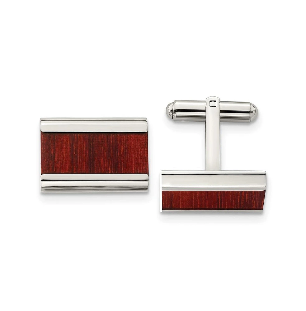 Chisel Stainless Steel Red Koa Wood Inlay Rectangle Cufflinks