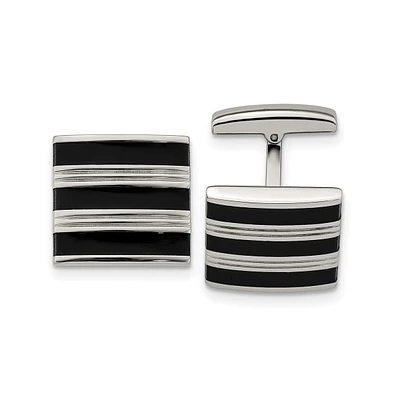 Chisel Stainless Steel Polished Grooved Black Rubber Stripes Cufflinks