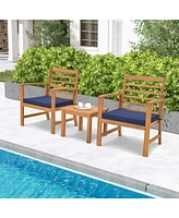 3 Pcs Outdoor Furniture Set Acacia Wood Conversation with Soft Seat Cushions