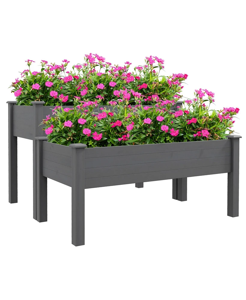 Outsunny 2 Tier Raised Garden Bed, Elevated Wooden Planter Box, Gray