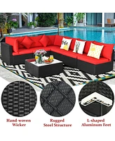 Sugift 7 Pieces Sectional Wicker Furniture Sofa Set Conversation Sets with Tempered Glass Top