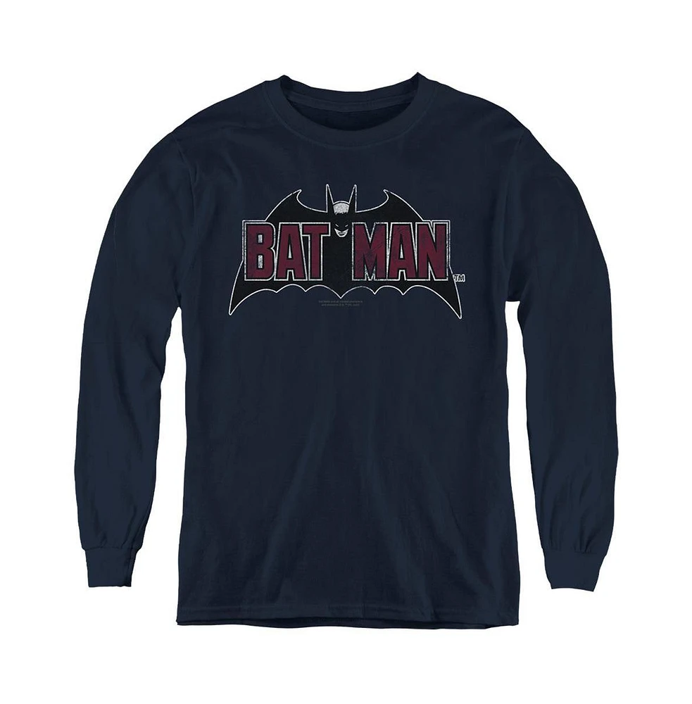 Batman Boys Youth Vintage Bat Logo On Navy Long Sleeve Sweatshirt