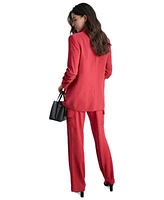 Dkny Womens Ruched Sleeve One Button Blazer Printed Balloon Sleeve Twist Neck Top Solid Straight Leg Side Pocket Mid Rise Pants