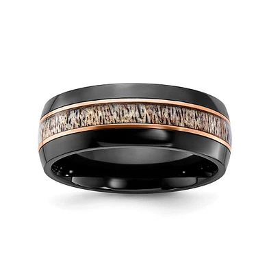 Chisel Black Zirconium Polished Rose Antler Inlay Band Ring