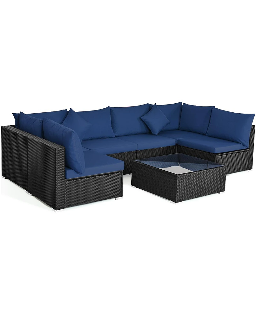 Gymax 7PCS Rattan Patio Conversation Set Sectional Furniture Set w/ Navy Cushion