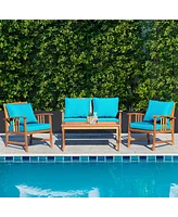 Gymax 4pcs Wooden Patio Furniture Set Table & Sectional Sofa w/ Turquoise Cushion