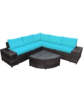 Gymax 6PCS Wicker Furniture Sectional Sofa Set w/ Cushions Turquoise