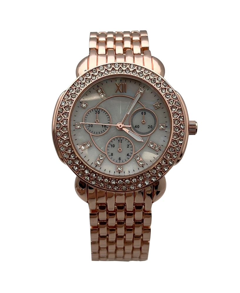 Olivia Pratt Gold Round Rhinestone and Chrome Face Women Watch