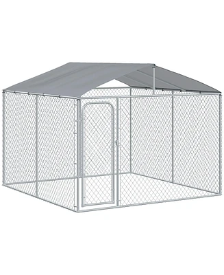 PawHut Outdoor Metal Dog Kennel, Pet Playpen with Steel Lock, Mesh Sidewalls and Cover for Backyard & Patio