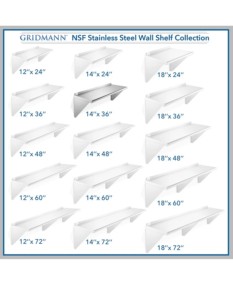 Gridmann 14" x 36" Nsf Stainless Steel Kitchen Wall Mount Shelf w/ Backsplash