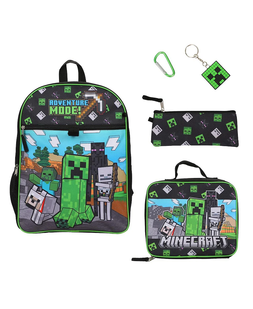 Minecraft 5-Piece Set: 16" Backpack, Lunchbox, Utility Case, Rubber Keychain, and Carabiner