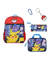 Pokemon 5-Piece Set: 16" Backpack, Padded Utility Case, Small Utility Case, Rubber Keychain, and Carabiner