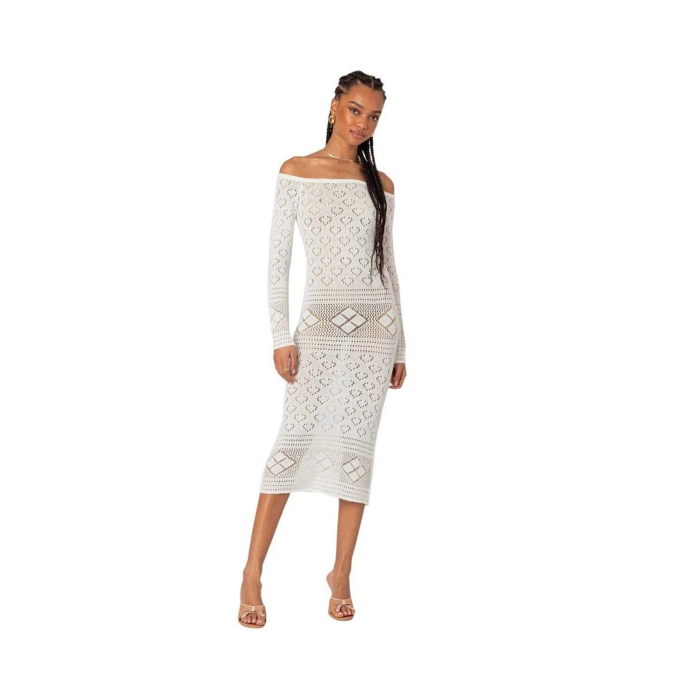 Edikted Women's Lily Crochet Off Shoulder Midi Dress