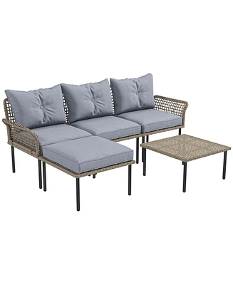 Outsunny 5 PCs Patio Furniture Set with Sofa, Chaise Lounge, Table, Gray