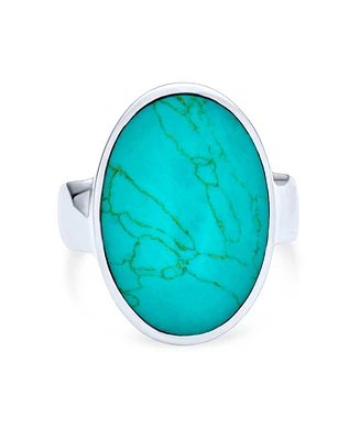 Bling Jewelry Simple Large Dome Oval Cabochon Bezel Set Blue Natural Turquoise Western Statement Ring For Women Sterling Silver