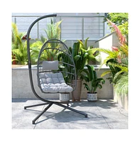 Merrick Lane Riley Foldable Woven Hanging Egg Chair With Removable Cushion And Stand For Indoor Outdoor Use