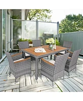 7 Pieces Patio Acacia Wood Cushioned Pe Rattan Wicker Dining Set