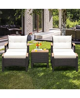 5 Pieces Patio Conversation Set with Cushions Coffee Table and 2 Ottomans