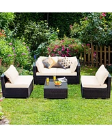 Vebreda 5 Pieces Cushioned Patio Rattan Furniture Set with Glass Table