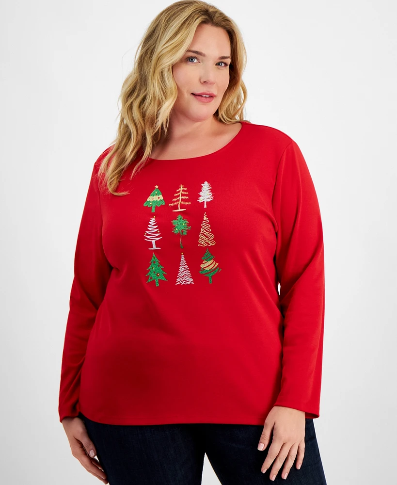 Holiday Lane Plus Festive Tree Long-Sleeve Top, Created for Macy's