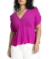 Eloquii Women's Shirred Sleeve Top With Buttons