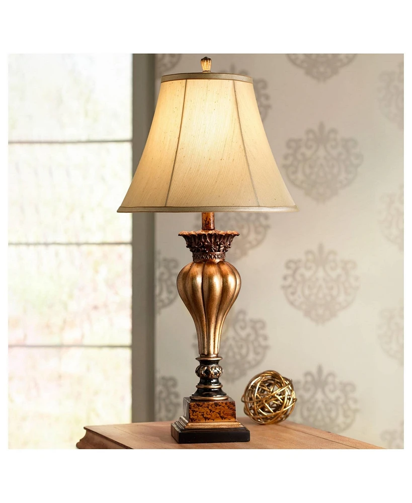 Regency Hill Senardo Traditional Table Lamp Vase Silhouette with Fluting and Floral Detail 30" Tall Gold Tan Bell Shade Decor for Living Room Bedroom