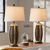 John Timberland Parker Rustic Farmhouse Table Lamps 28.5" Tall Set of 2 with Usb Port Hammered Oil Rubbed Bronze Wood Accents Oatmeal Tapered Drum Sha