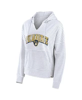 Fanatics Women's White Milwaukee Brewers Striped Fundamentals Notch Neck Pullover Hoodie