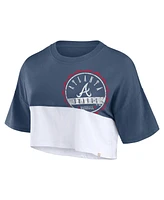 Fanatics Women's Navy/White Atlanta Braves Color Split Boxy Cropped T-Shirt