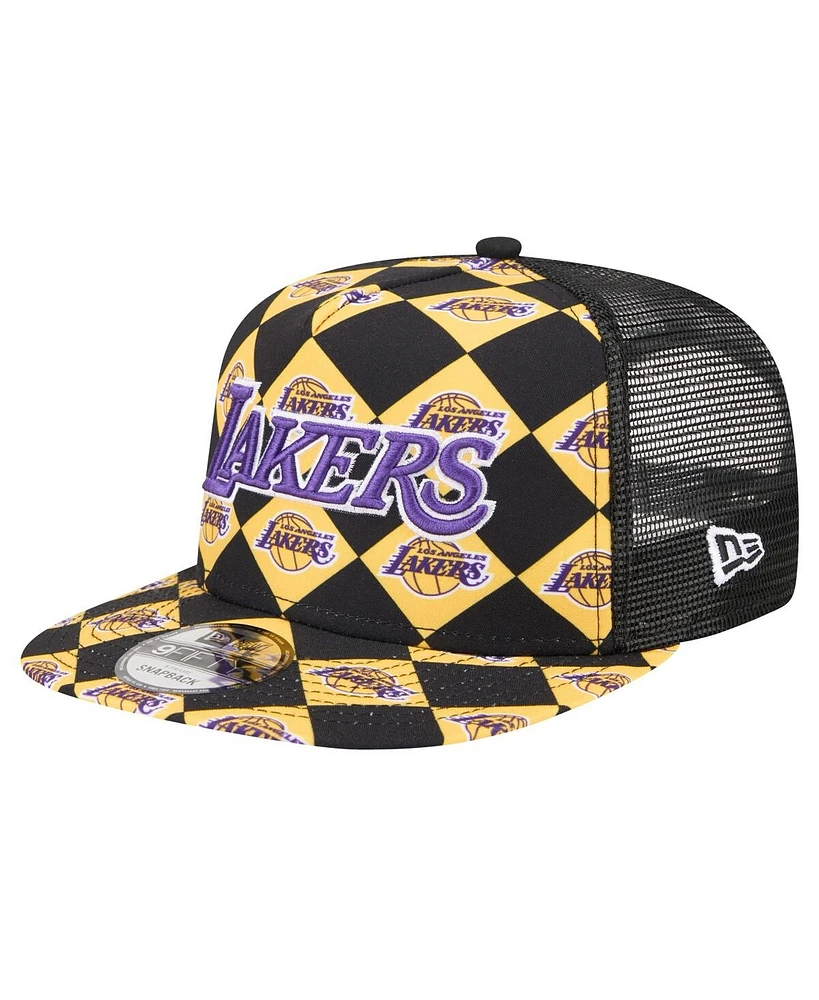 New Era Men's Black Los Angeles Lakers Seeing Diamonds A-Frame Trucker 9FIFTY Snapback Hat