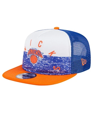 New Era Men's Blue New York Knicks Arch A-Frame Trucker 9FIFTY Snapback Hat