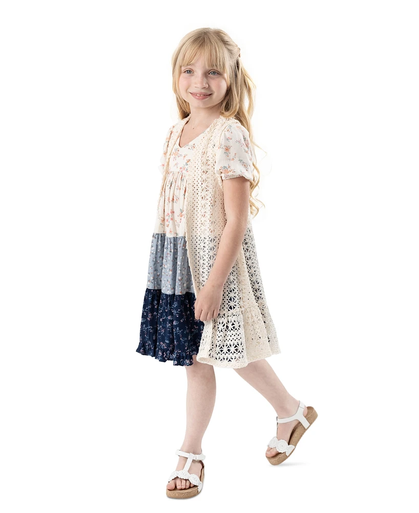 Rare Editions Toddler & Little Girls Floral-Print Colorblocked Dress Crochet Vest, 2 Piece Set