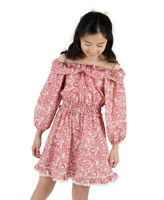 Rare Editions Big Girls Off-The-Shoulder Paisley Poplin Dress with Hair Clip