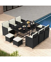 Costway 11 Pieces Patio Dining Set Space-saving Wicker Chairs & Tempered Glass Table