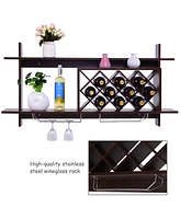 Wall Mount Wine Rack with Glass Holder and Storage Shelf