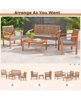 4 Pcs Patio Wood Furniture Set with Loveseat, 2 Chairs & Coffee Table for Porch