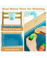 Wooden Play Kitchen Set, Outdoor Kid's Mud Kitchen with Faucet & Water Box