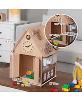 Wooden Busy House Montessori Toy with Sensory Games & Interior Storage Space