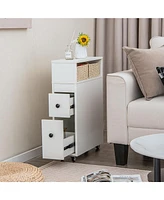 Movable Bathroom Storage Cabinet Narrow Toilet Side Paper Holder w/ 2 Drawers