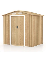 Costway 6 x 4 Ft Outdoor Storage Shed Galvanized Steel Shed with Sliding Doors Wood Grain