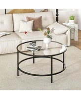 36'' Round Coffee Table Tempered Glass Tabletop Metal Frame Living Room