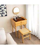 Bamboo Vanity Stool Rattan Top Ottoman Footrest for Living Room Bedroom