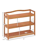 Costway 3-Tier Wood Shoe Rack Solid Acacia Wood Shoe Shelf with Side Metal Hooks