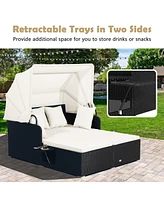 Costway Patio Rattan Daybed Lounge Retractable Top Canopy Side Tables Cushions