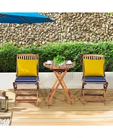 3PCS Patio Folding Wooden Bistro Set Cushioned Chair Conversation Garden