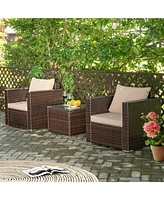 Gymax 3PCS Patio Rattan Outdoor Furniture Set w/ Cushioned Sofa Coffee Table