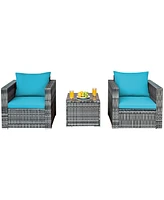 Costway 3 Pc Patio Rattan Furniture Bistro Set Cushioned Sofa Chair Table