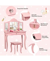 Costway Vanity Table Set Makeup Dressing Kids Stool Mirror