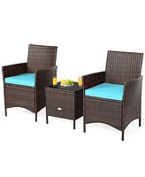 Costway 3PCS Patio Rattan Furniture Set Cushioned Sofa Glass Tabletop Deck