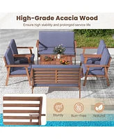 Costway 8 Pcs Patio Conversation Set Acacia Wood Sofa Coffee Table with Cushioned Seat